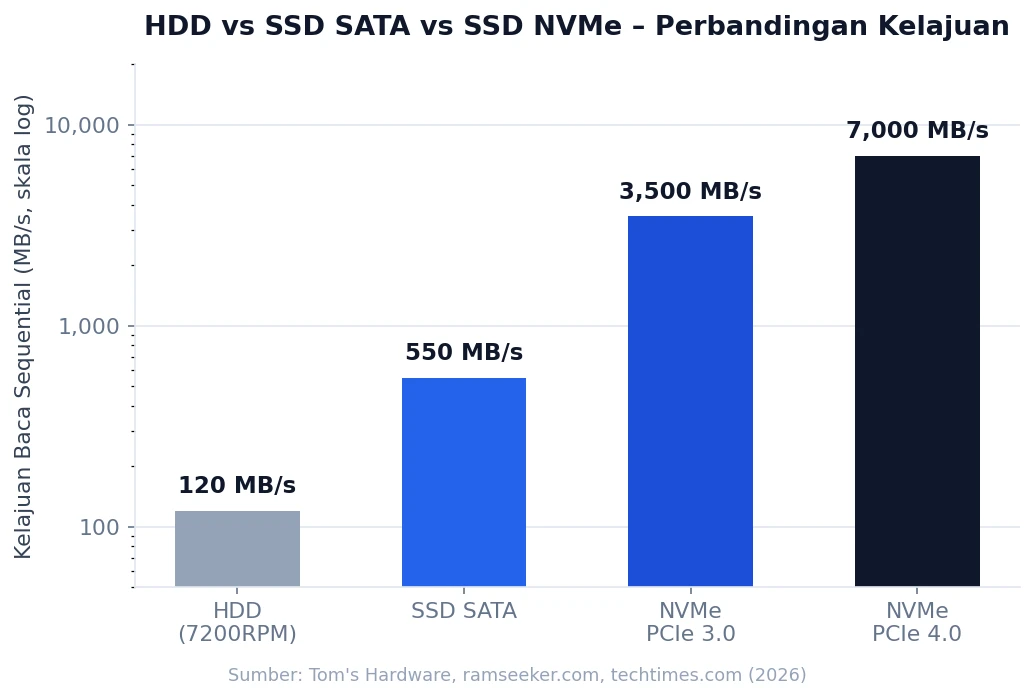 Carta perbandingan kelajuan HDD vs SSD SATA vs SSD NVMe 2026